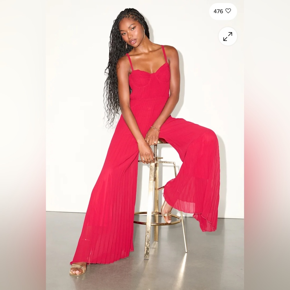 Lulu's Red Pleated Wide-Leg Jumpsuit